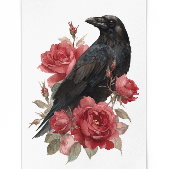 Watercolor Floral Black Crow Wall Art Print Unframed - Black Bird Illustration - Picture 2 of 6